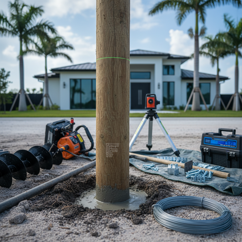 A close-up, ground-level shot of a robust, well-anchored fence post being installed in Florida. The