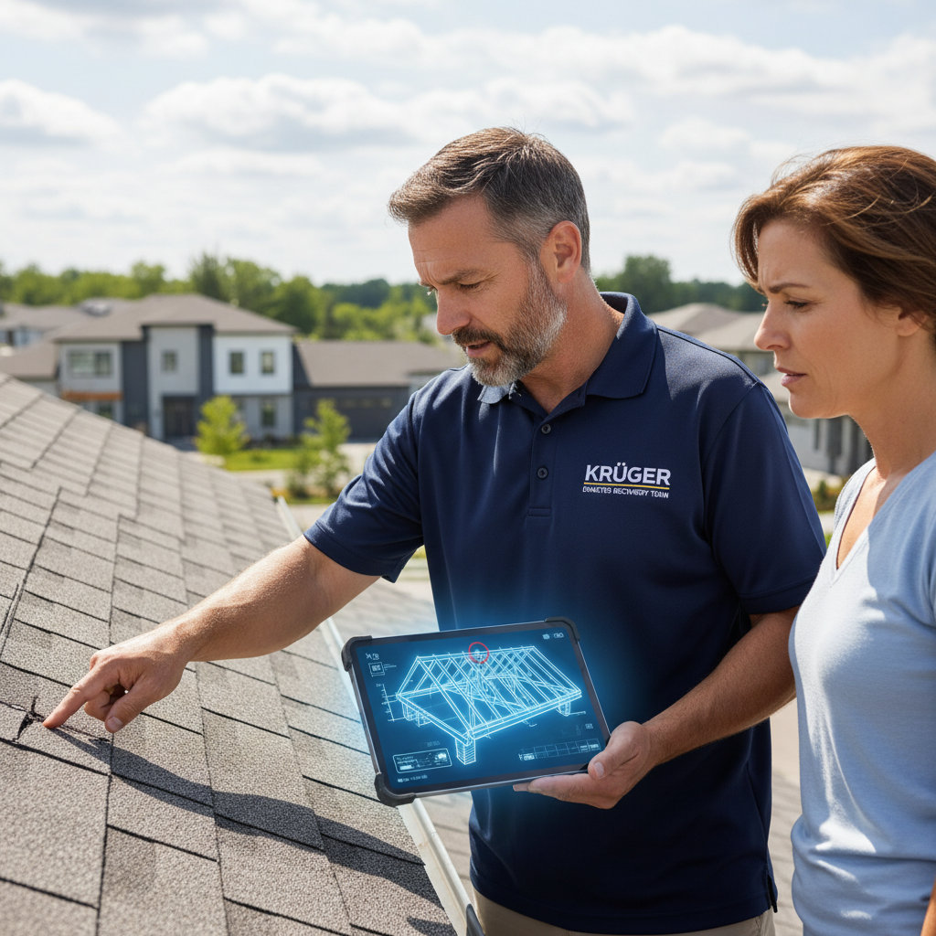 A close-up of a contractor (wearing a Krüger Disaster Recovery Team shirt, if possible) pointing to