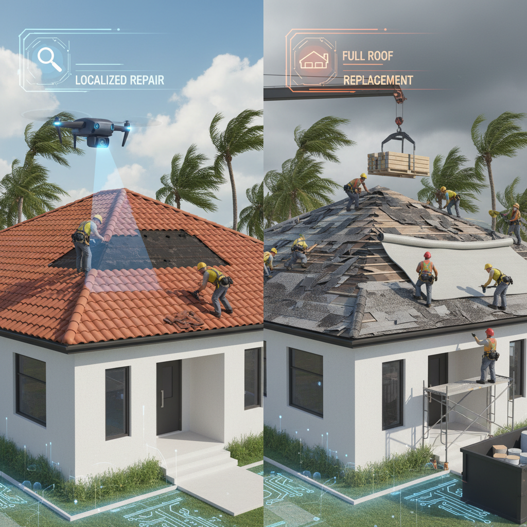 An illustrative image depicting the contrast between a small, localized roof damage (e.g., a few mis