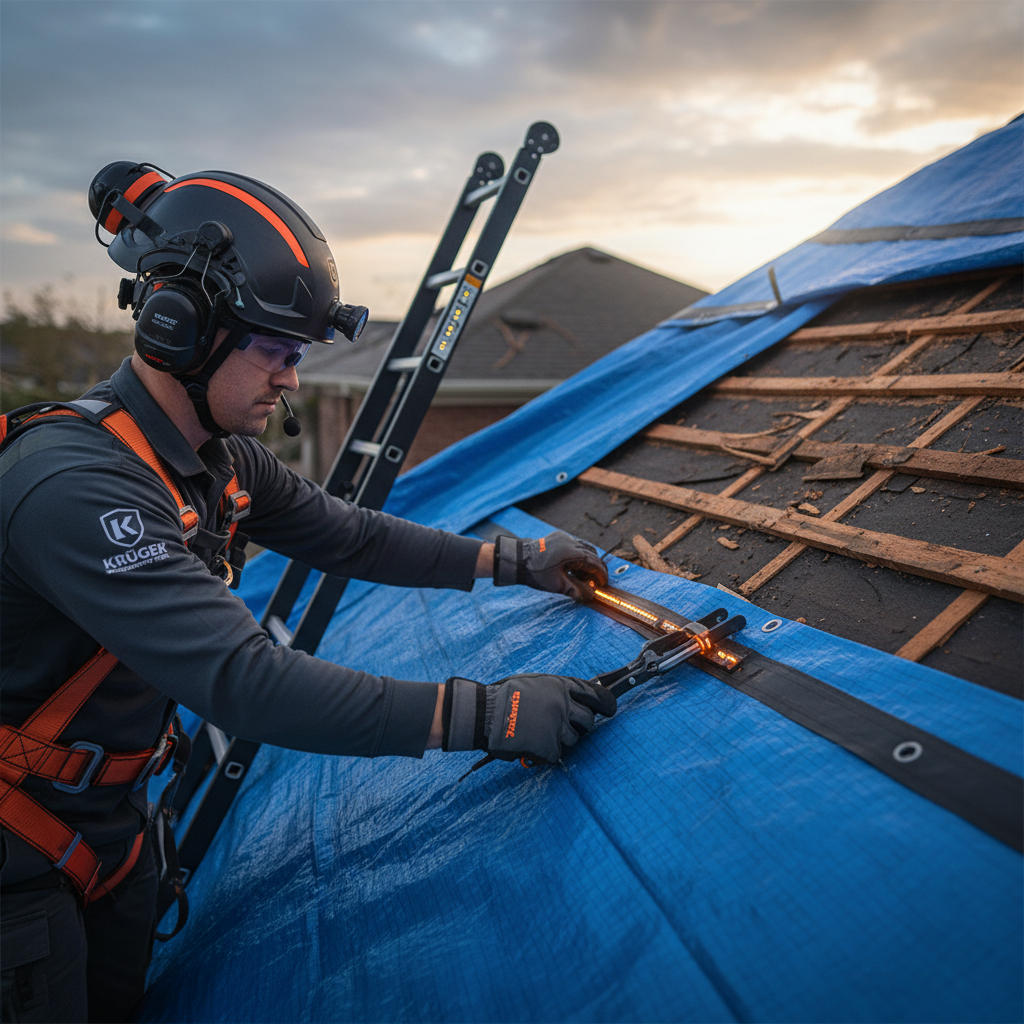 A close-up, professional shot of a Krüger Disaster Recovery Team worker carefully securing a blue ta
